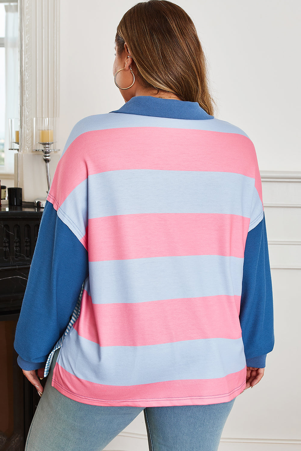 Blue Stripe Colorblock Patchwork Zip Up Plus Size Pullover Dear-Lover Dropshipping